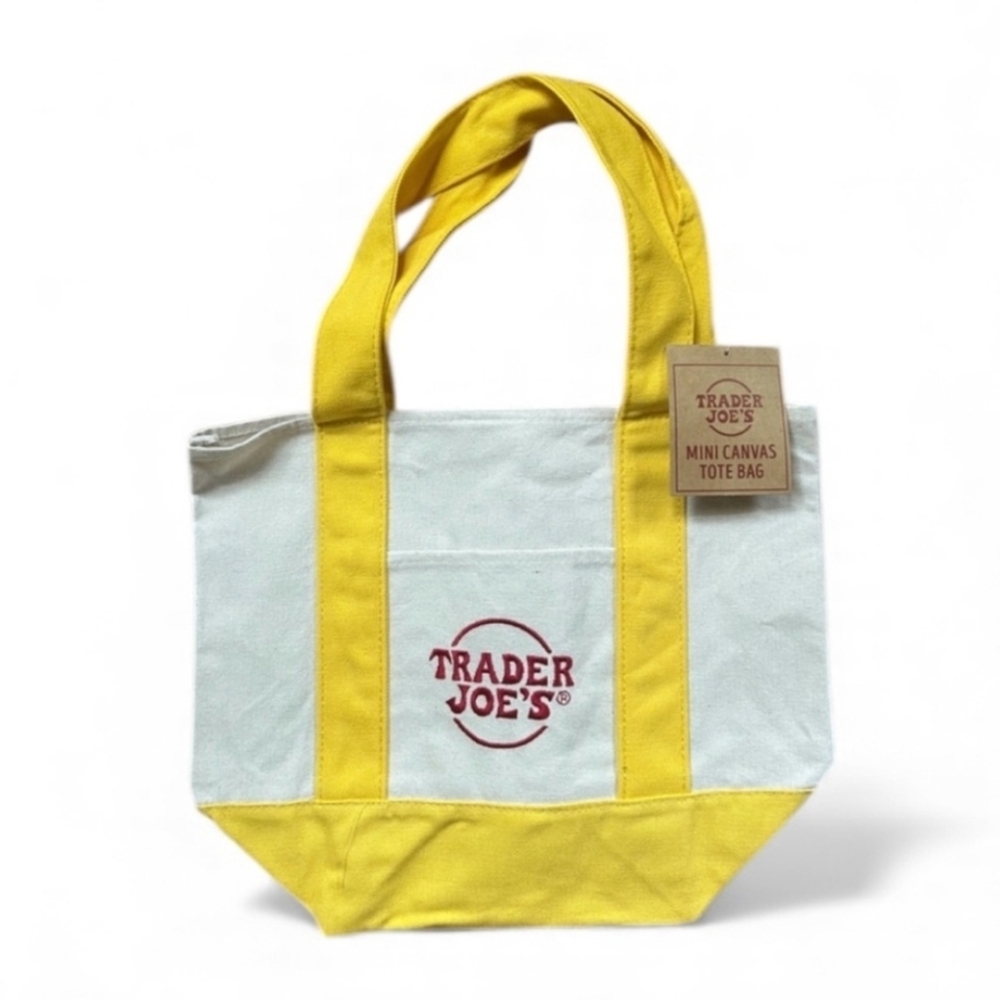 Trader Joe's Yellow and White Mini Canvas Tote Bag Dimensions: 13” W x 11” H x 6